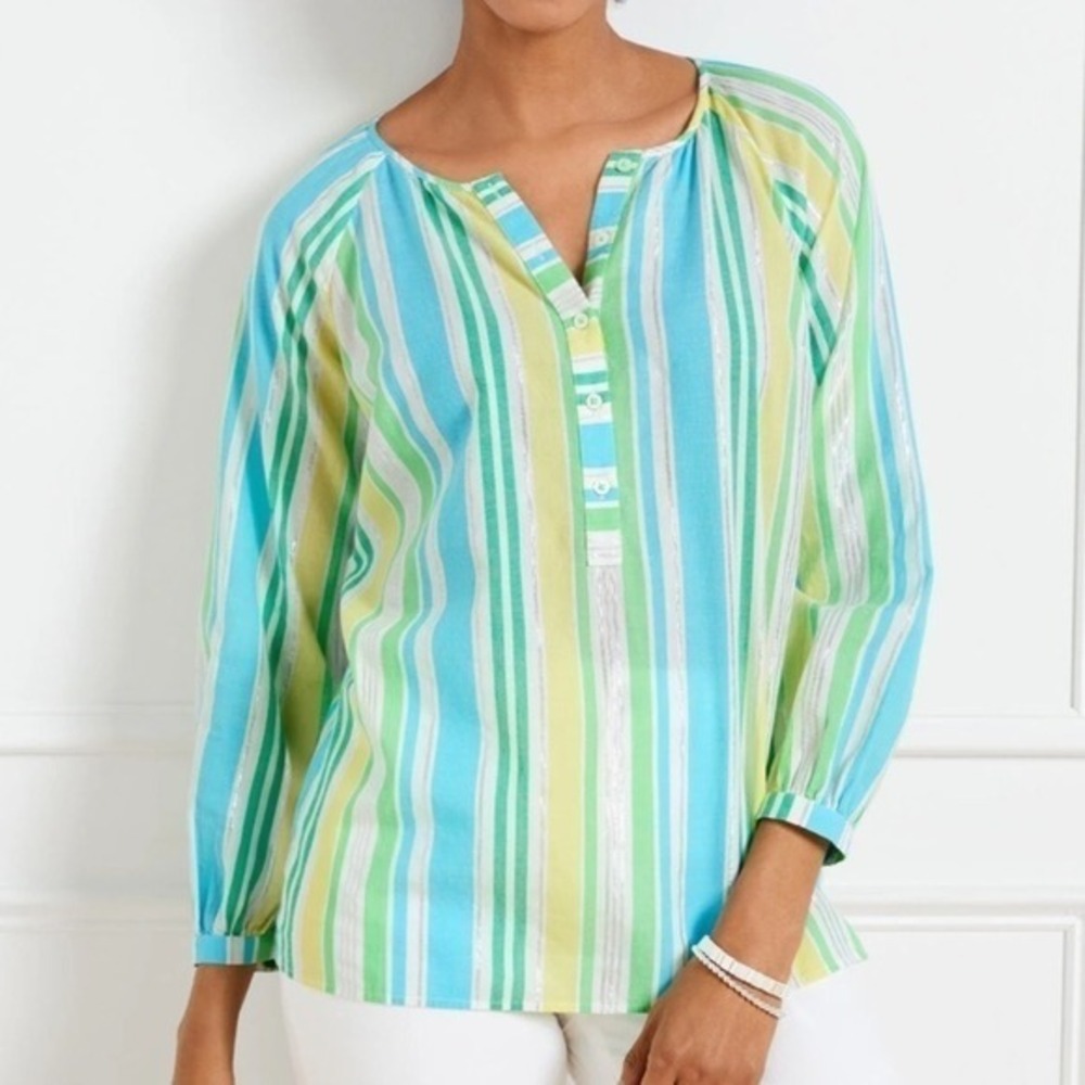 Talbots Petite XL Striped Metallic Cotton Henley Blouse Blue Green Yellow 3/4 Sl